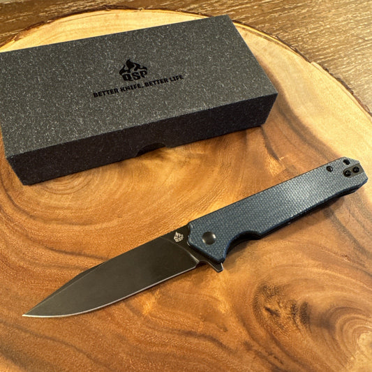 QSP Mamba V2 Folding Knife Blue Micarta Handle D2 Plain Edge Black SW QS111-H2