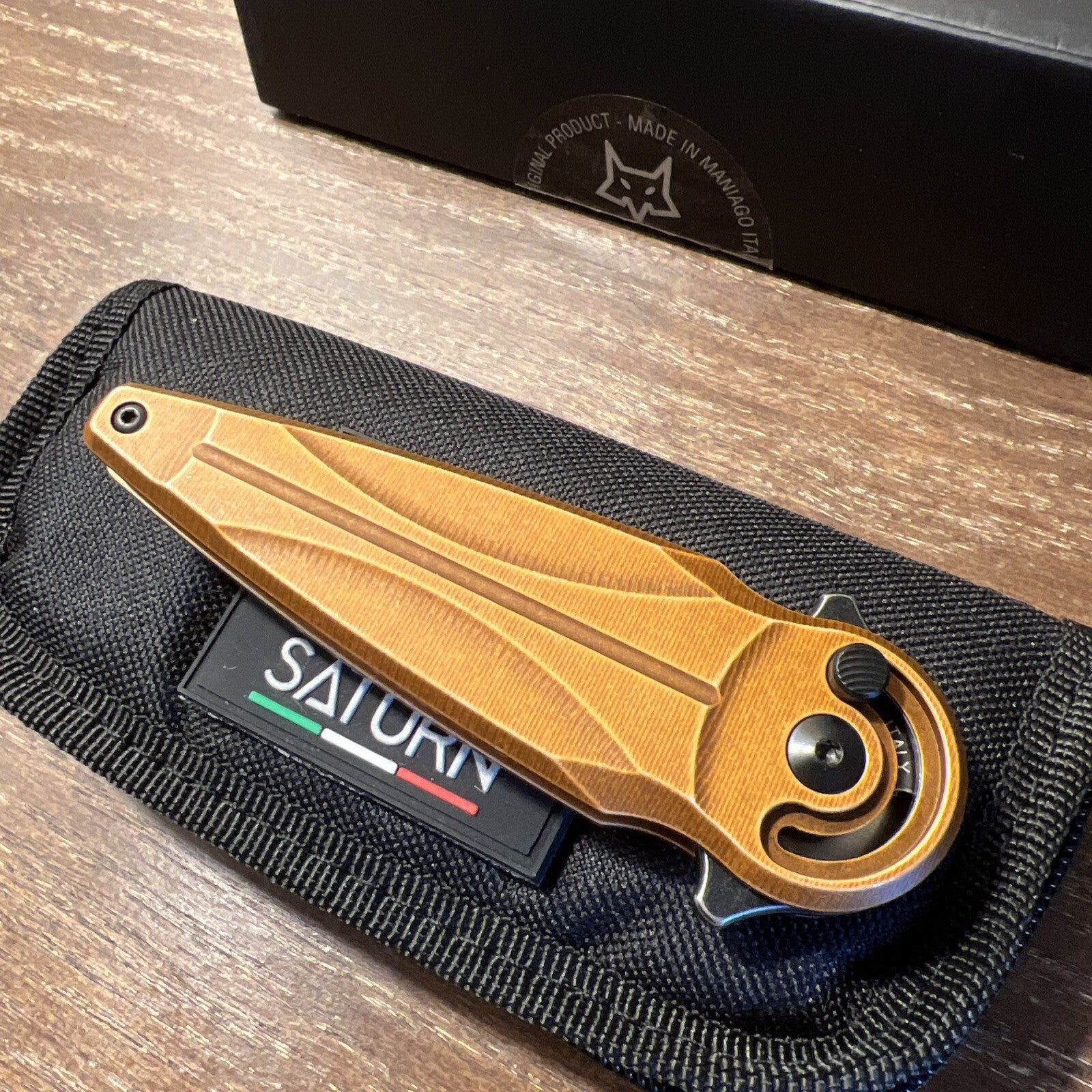 Fox Saturn Folding Knife 2.56" N690 Steel Blade Washed Copper Aluminum Handle