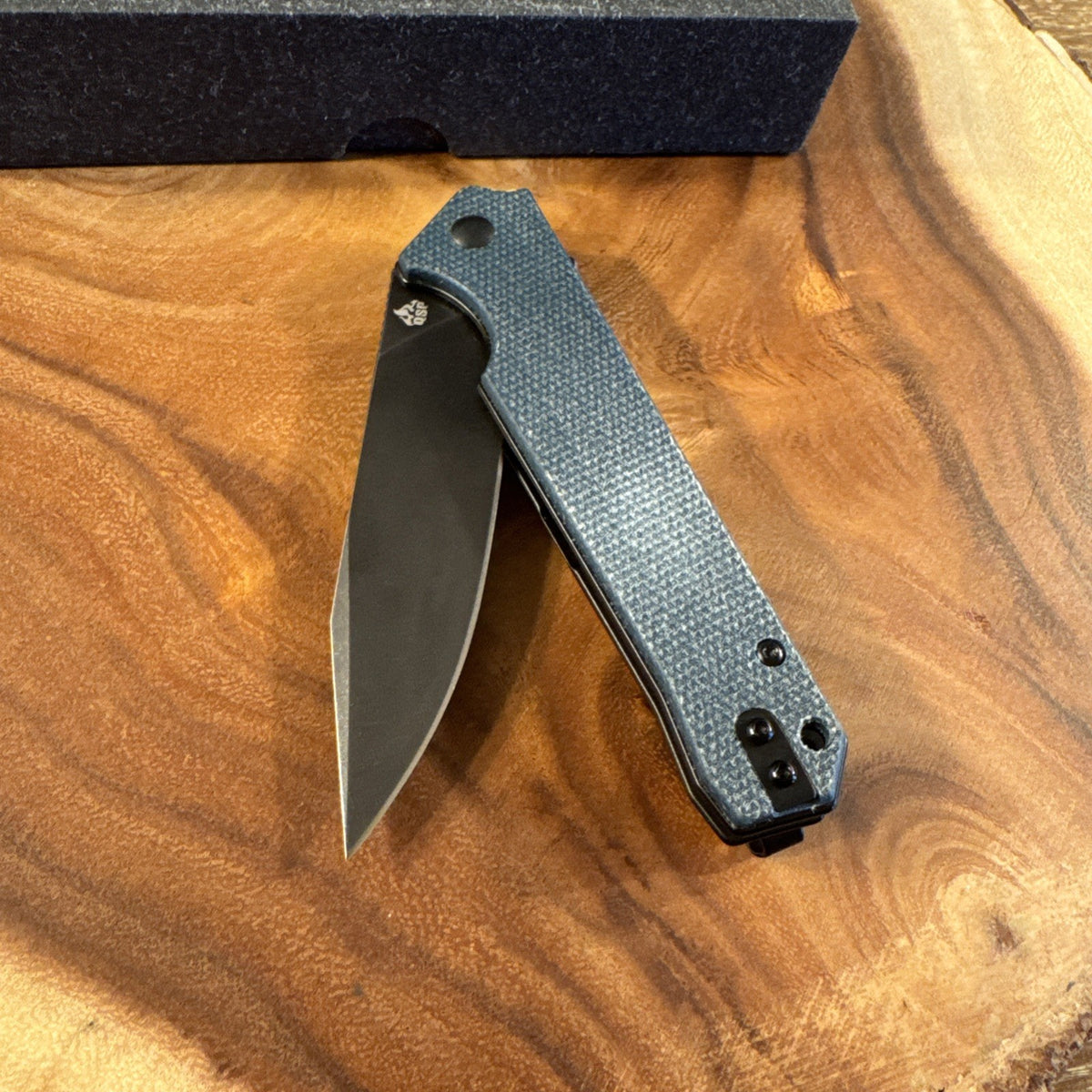 QSP Mamba V2 Folding Knife Blue Micarta Handle D2 Plain Edge Black SW QS111-H2