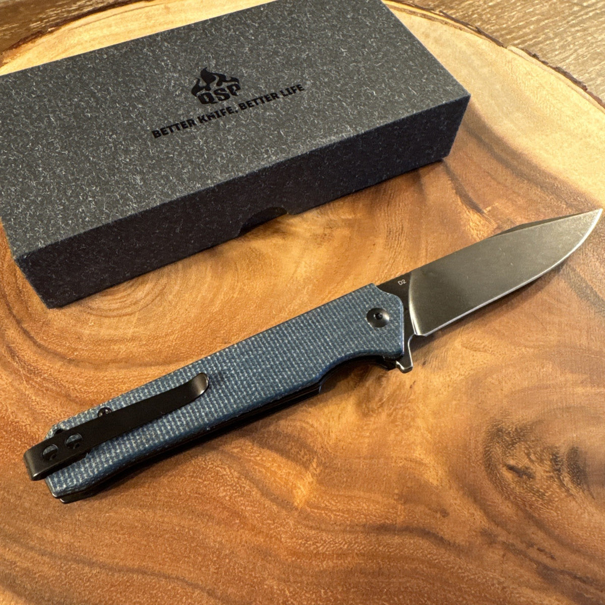 QSP Mamba V2 Folding Knife Blue Micarta Handle D2 Plain Edge Black SW QS111-H2