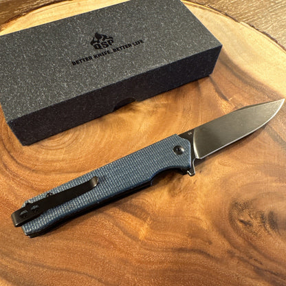QSP Mamba V2 Folding Knife Blue Micarta Handle D2 Plain Edge Black SW QS111-H2